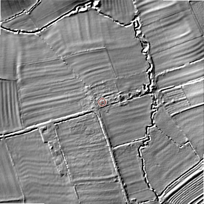 Shaded relief map of the ground around WR117JT, computed from Environment Agency LiDAR. The ground here sits at about 41 m above sea level and falls 13 m across the surrounding 800 m. Surface water reaching this point runs off ground lying to the south, 1.4 m higher.
