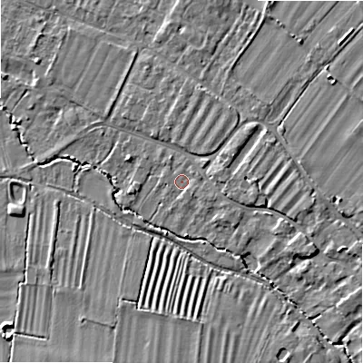 Shaded relief map of the ground around WR117JW, computed from Environment Agency LiDAR. The ground here sits at about 38 m above sea level and falls 6 m across the surrounding 800 m. Surface water reaching this point runs off ground lying to the north, 0.8 m higher.