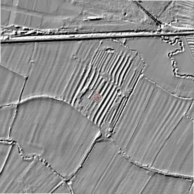 Shaded relief map of the ground around WR117PB, computed from Environment Agency LiDAR. The ground here sits at about 39 m above sea level and falls 5 m across the surrounding 800 m. Surface water reaching this point runs off ground lying to the south, 1.9 m higher.