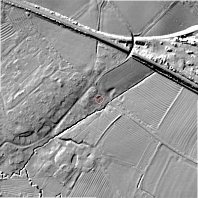 Shaded relief map of the ground around WR117PN, computed from Environment Agency LiDAR. The ground here sits at about 50 m above sea level and falls 18 m across the surrounding 800 m. Surface water reaching this point runs off ground lying to the east-north-east, 13.1 m higher.