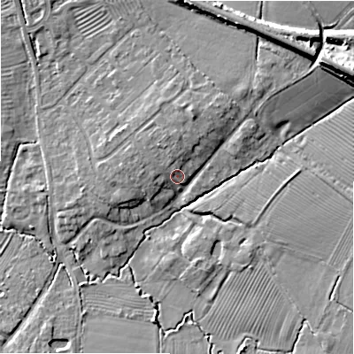 Shaded relief map of the ground around WR117PP, computed from Environment Agency LiDAR. The ground here sits at about 50 m above sea level and falls 15 m across the surrounding 800 m. Surface water reaching this point runs off ground lying to the north-north-west, 3.0 m higher.