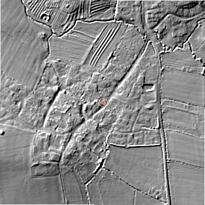 Shaded relief map of the ground around WR117PQ, computed from Environment Agency LiDAR. The ground here sits at about 48 m above sea level and falls 12 m across the surrounding 800 m. Surface water reaching this point runs off ground lying to the south-south-west, 6.9 m higher.