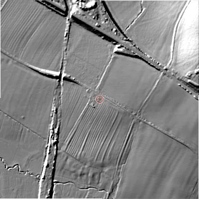 Shaded relief map of the ground around WR117PS, computed from Environment Agency LiDAR. The ground here sits at about 59 m above sea level and falls 36 m across the surrounding 800 m. Surface water reaching this point runs off ground lying to the east-north-east, 25.6 m higher.