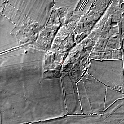 Shaded relief map of the ground around WR117PX, computed from Environment Agency LiDAR. The ground here sits at about 55 m above sea level and falls 11 m across the surrounding 800 m. Surface water reaching this point runs off ground lying to the south-west, 1.7 m higher.