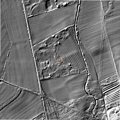 Shaded relief map of the ground around WR117QB, computed from Environment Agency LiDAR. The ground here sits at about 64 m above sea level and falls 19 m across the surrounding 800 m. Surface water reaching this point runs off ground lying to the south-south-east, 7.2 m higher.