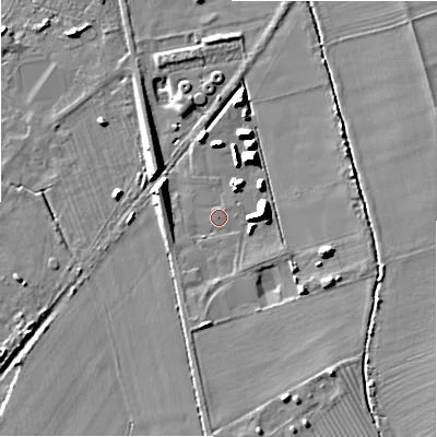 Shaded relief map of the ground around WR117QE, computed from Environment Agency LiDAR. The ground here sits at about 59 m above sea level and falls 13 m across the surrounding 800 m. Surface water reaching this point runs off ground lying to the east-south-east, 3.4 m higher.