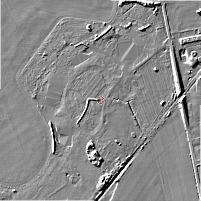 Shaded relief map of the ground around WR117QF, computed from Environment Agency LiDAR. The ground here sits at about 57 m above sea level and falls 14 m across the surrounding 800 m. Surface water reaching this point runs off ground lying to the south, 6.7 m higher.