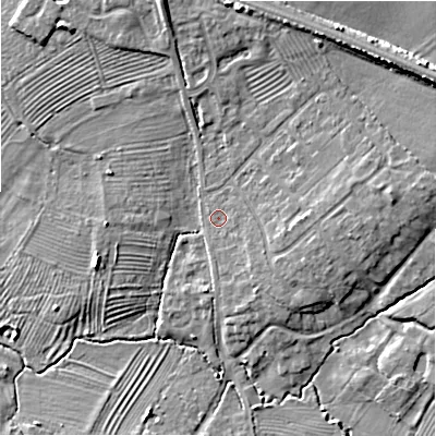 Shaded relief map of the ground around WR117QG, computed from Environment Agency LiDAR. The ground here sits at about 48 m above sea level and falls 12 m across the surrounding 800 m. Surface water reaching this point runs off ground lying to the south-east, 1.8 m higher.
