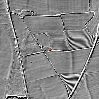 Shaded relief map of the ground around WR117QH, computed from Environment Agency LiDAR. The ground here sits at about 54 m above sea level and falls 8 m across the surrounding 800 m. Surface water reaching this point runs off ground lying to the south-south-east, 4.8 m higher.
