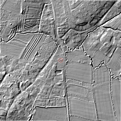 Shaded relief map of the ground around WR117QJ, computed from Environment Agency LiDAR. The ground here sits at about 47 m above sea level and falls 12 m across the surrounding 800 m. Surface water reaching this point runs off ground lying to the south-south-west, 4.6 m higher.