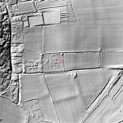 Shaded relief map of the ground around WR117QR, computed from Environment Agency LiDAR. The ground here sits at about 50 m above sea level and falls 31 m across the surrounding 800 m. Surface water reaching this point runs off ground lying to the north, 3.5 m higher.
