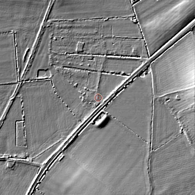 Shaded relief map of the ground around WR117QT, computed from Environment Agency LiDAR. The ground here sits at about 42 m above sea level and falls 9 m across the surrounding 800 m. Surface water reaching this point runs off ground lying to the east-north-east, 1.3 m higher.