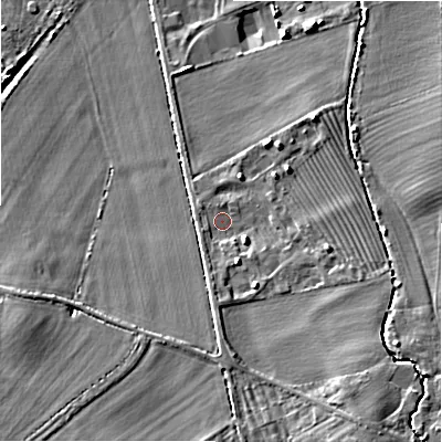 Shaded relief map of the ground around WR117QU, computed from Environment Agency LiDAR. The ground here sits at about 64 m above sea level and falls 13 m across the surrounding 800 m. Surface water reaching this point runs off ground lying to the south-east, 7.6 m higher.