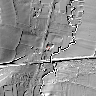 Shaded relief map of the ground around WR117RE, computed from Environment Agency LiDAR. The ground here sits at about 32 m above sea level and falls 26 m across the surrounding 800 m. Surface water reaching this point runs off ground lying to the north-west, 3.4 m higher.