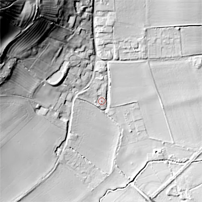 Shaded relief map of the ground around WR117RG, computed from Environment Agency LiDAR. The ground here sits at about 46 m above sea level and falls 82 m across the surrounding 800 m. Surface water reaching this point runs off ground lying to the north-west, 74.7 m higher.
