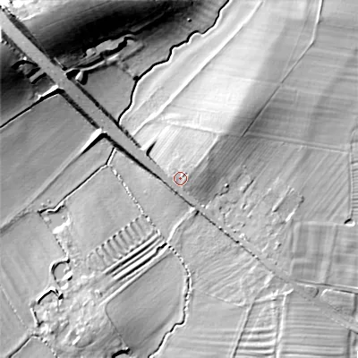 Shaded relief map of the ground around WR117RP, computed from Environment Agency LiDAR. The ground here sits at about 42 m above sea level and falls 24 m across the surrounding 800 m. Surface water reaching this point runs off ground lying to the east-north-east, 2.1 m higher.