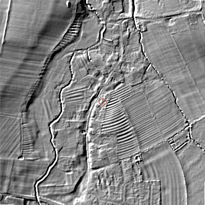 Shaded relief map of the ground around WR117SA, computed from Environment Agency LiDAR. The ground here sits at about 35 m above sea level and falls 7 m across the surrounding 800 m. Surface water reaching this point runs off ground lying to the south-south-east, 1.5 m higher.