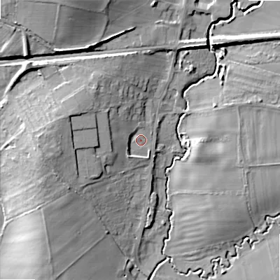 Shaded relief map of the ground around WR117TD, computed from Environment Agency LiDAR. The ground here sits at about 33 m above sea level and falls 19 m across the surrounding 800 m. Surface water reaching this point runs off ground lying to the north-west, 6.4 m higher.