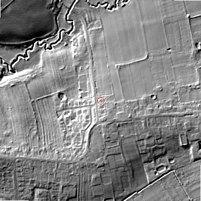 Shaded relief map of the ground around WR117TW, computed from Environment Agency LiDAR. The ground here sits at about 38 m above sea level and falls 15 m across the surrounding 800 m. Surface water reaching this point runs off ground lying to the south-south-east, 4.0 m higher.