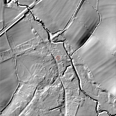 Shaded relief map of the ground around WR117UA, computed from Environment Agency LiDAR. The ground here sits at about 35 m above sea level and falls 17 m across the surrounding 800 m. Surface water reaching this point runs off ground lying to the south-south-west, 11.9 m higher.