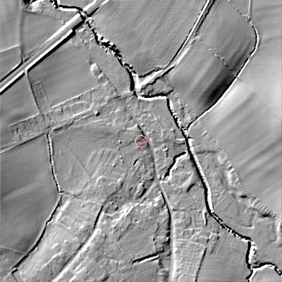 Shaded relief map of the ground around WR117UD, computed from Environment Agency LiDAR. The ground here sits at about 35 m above sea level and falls 15 m across the surrounding 800 m. Surface water reaching this point runs off ground lying to the west-south-west, 12.5 m higher.