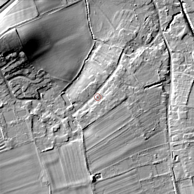 Shaded relief map of the ground around WR117UE, computed from Environment Agency LiDAR. The ground here sits at about 43 m above sea level and falls 28 m across the surrounding 800 m. Surface water reaching this point runs off ground lying to the south, 2.6 m higher.