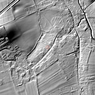 Shaded relief map of the ground around WR117UF, computed from Environment Agency LiDAR. The ground here sits at about 42 m above sea level and falls 28 m across the surrounding 800 m. Surface water reaching this point runs off ground lying to the south, 2.9 m higher.