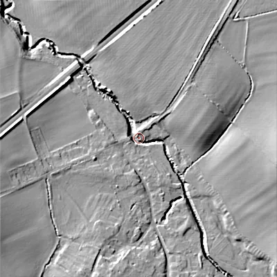 Shaded relief map of the ground around WR117UJ, computed from Environment Agency LiDAR. The ground here sits at about 33 m above sea level and falls 15 m across the surrounding 800 m. Surface water reaching this point runs off ground lying to the south-west, 13.8 m higher.
