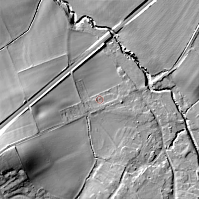 Shaded relief map of the ground around WR117UL, computed from Environment Agency LiDAR. The ground here sits at about 36 m above sea level and falls 29 m across the surrounding 800 m. Surface water reaching this point runs off ground lying to the west-south-west, 15.0 m higher.