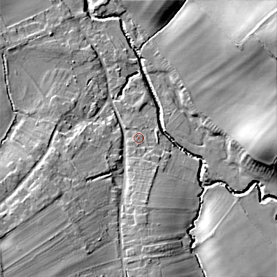 Shaded relief map of the ground around WR117US, computed from Environment Agency LiDAR. The ground here sits at about 36 m above sea level and falls 20 m across the surrounding 800 m. Surface water reaching this point runs off ground lying to the south, 5.2 m higher.