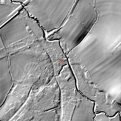 Shaded relief map of the ground around WR117UU, computed from Environment Agency LiDAR. The ground here sits at about 35 m above sea level and falls 19 m across the surrounding 800 m. Surface water reaching this point runs off ground lying to the north-north-west, 0.9 m higher.