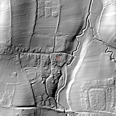 Shaded relief map of the ground around WR117YQ, computed from Environment Agency LiDAR. The ground here sits at about 31 m above sea level and falls 24 m across the surrounding 800 m. Surface water reaching this point runs off ground lying to the west-north-west, 3.2 m higher.