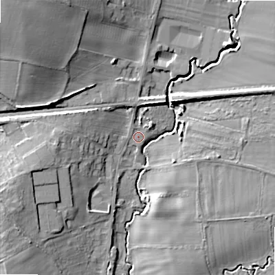 Shaded relief map of the ground around WR117YT, computed from Environment Agency LiDAR. The ground here sits at about 31 m above sea level and falls 23 m across the surrounding 800 m. Surface water reaching this point runs off ground lying to the west, 7.9 m higher.