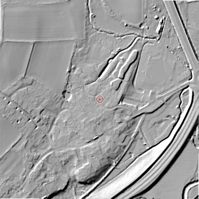Shaded relief map of the ground around WR118AF, computed from Environment Agency LiDAR. The ground here sits at about 32 m above sea level and falls 15 m across the surrounding 800 m. Surface water reaching this point runs off ground lying to the south-south-west, 1.4 m higher.