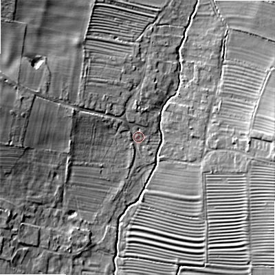 Shaded relief map of the ground around WR118EF, computed from Environment Agency LiDAR. The ground here sits at about 34 m above sea level and falls 12 m across the surrounding 800 m. Surface water reaching this point runs off ground lying to the west-north-west, 5.9 m higher.