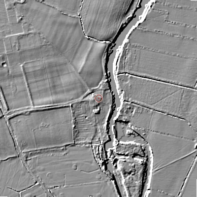 Shaded relief map of the ground around WR118PA, computed from Environment Agency LiDAR. The ground here sits at about 26 m above sea level and falls 6 m across the surrounding 800 m. Surface water reaching this point runs off ground lying to the north-west, 2.8 m higher.