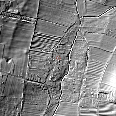 Shaded relief map of the ground around WR118QP, computed from Environment Agency LiDAR. The ground here sits at about 35 m above sea level and falls 14 m across the surrounding 800 m. Surface water reaching this point runs off ground lying to the west-south-west, 8.2 m higher.
