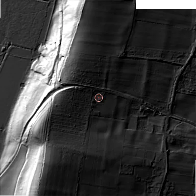 Shaded relief map of the ground around WR118QS, computed from Environment Agency LiDAR. The ground here sits at about 60 m above sea level and falls 44 m across the surrounding 800 m. Surface water reaching this point runs off ground lying to the west-north-west, 5.8 m higher.