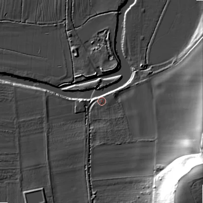Shaded relief map of the ground around WR118QT, computed from Environment Agency LiDAR. The ground here sits at about 27 m above sea level and falls 43 m across the surrounding 800 m. Surface water reaching this point runs off ground lying to the east-north-east, 1.5 m higher.