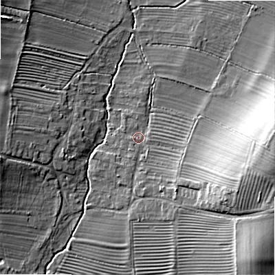 Shaded relief map of the ground around WR118QW, computed from Environment Agency LiDAR. The ground here sits at about 35 m above sea level and falls 18 m across the surrounding 800 m. Surface water reaching this point runs off ground lying to the east-south-east, 14.2 m higher.