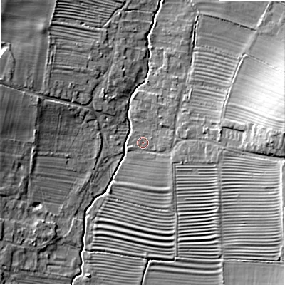 Shaded relief map of the ground around WR118QX, computed from Environment Agency LiDAR. The ground here sits at about 34 m above sea level and falls 16 m across the surrounding 800 m. Surface water reaching this point runs off ground lying to the east, 14.7 m higher.
