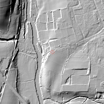 Shaded relief map of the ground around WR118QZ, computed from Environment Agency LiDAR. The ground here sits at about 29 m above sea level and falls 30 m across the surrounding 800 m. Surface water reaching this point runs off ground lying to the east-north-east, 1.8 m higher.