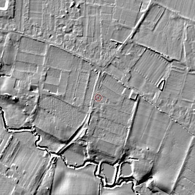 Shaded relief map of the ground around WR118RB, computed from Environment Agency LiDAR. The ground here sits at about 31 m above sea level and falls 11 m across the surrounding 800 m. Surface water reaching this point runs off ground lying to the north-north-east, 0.5 m higher.