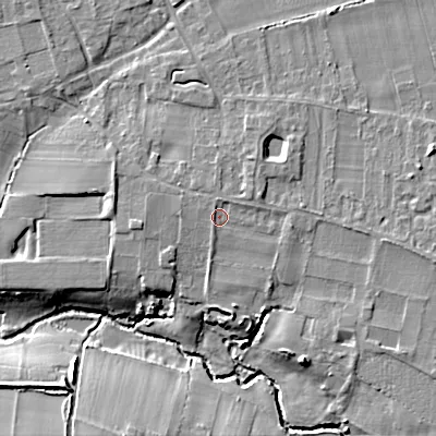 Shaded relief map of the ground around WR118RF, computed from Environment Agency LiDAR. The ground here sits at about 30 m above sea level and falls 10 m across the surrounding 800 m. Surface water reaching this point runs off ground lying to the east-north-east, 1.0 m higher.