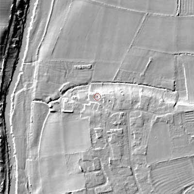 Shaded relief map of the ground around WR118RP, computed from Environment Agency LiDAR. The ground here sits at about 27 m above sea level and falls 15 m across the surrounding 800 m. Surface water reaching this point runs off ground lying to the south, 5.5 m higher.