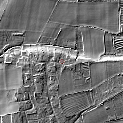 Shaded relief map of the ground around WR118RR, computed from Environment Agency LiDAR. The ground here sits at about 30 m above sea level and falls 8 m across the surrounding 800 m. Surface water reaching this point runs off ground lying to the south-east, 1.1 m higher.