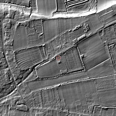 Shaded relief map of the ground around WR118RY, computed from Environment Agency LiDAR. The ground here sits at about 30 m above sea level and falls 7 m across the surrounding 800 m. Surface water reaching this point runs off ground lying to the west, 1.5 m higher.