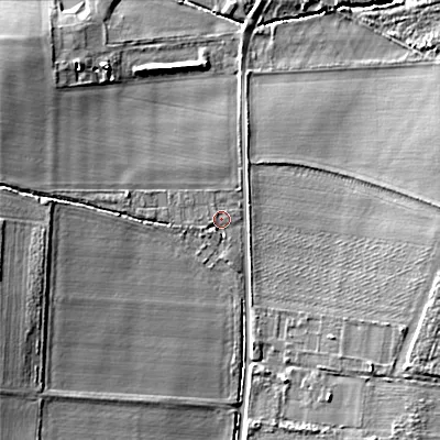 Shaded relief map of the ground around WR118SN, computed from Environment Agency LiDAR. The ground here sits at about 50 m above sea level and falls 10 m across the surrounding 800 m. Surface water reaching this point runs off ground lying to the west, 5.2 m higher.