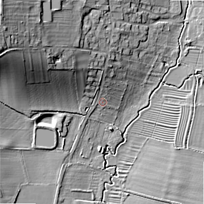 Shaded relief map of the ground around WR118TG, computed from Environment Agency LiDAR. The ground here sits at about 35 m above sea level and falls 30 m across the surrounding 800 m. Surface water reaching this point runs off ground lying to the north-north-west, 7.7 m higher.