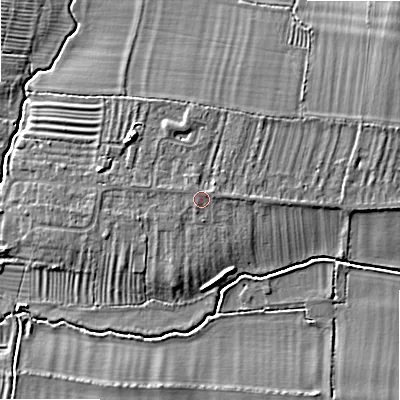 Shaded relief map of the ground around WR118TR, computed from Environment Agency LiDAR. The ground here sits at about 35 m above sea level and falls 9 m across the surrounding 800 m. Surface water reaching this point runs off ground lying to the south-south-west, 0.6 m higher.